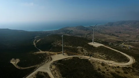 Aerial view of the wind power stations on Rhodes, Greece. Wind power. 4k Video stock 96220265