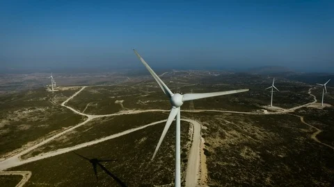 Aerial view of the wind power stations on Rhodes, Greece. Wind power. 4k Video stock 96220358