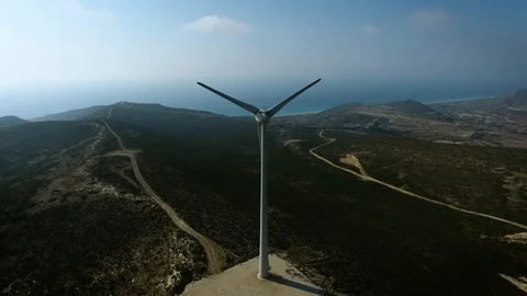 Aerial view of the wind power stations on Rhodes, Greece. Wind power. 4k Video stock 96220402