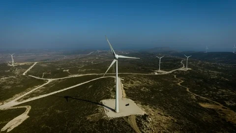 Aerial view of the wind power stations on Rhodes, Greece. Wind power. 4k Video stock 96220413