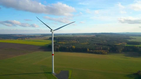 Aerial view to wind turbine. Camera flight around power plant. Stock Footage 120120650