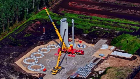 Aerial view of wind turbine construction site in Riga, Latvia. Stockbeeldmateriaal 340577649