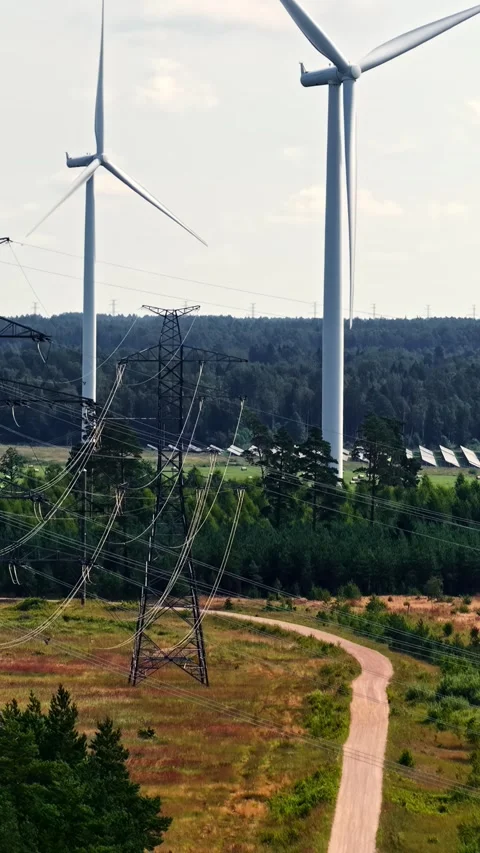 Aerial view of wind turbines and power lines in Ventspils, Latvia. Stock Footage 341442452