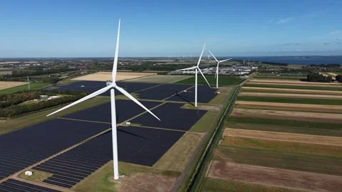 Aerial view of wind turbines and solar panels, Netherlands. Stock Footage 344959158