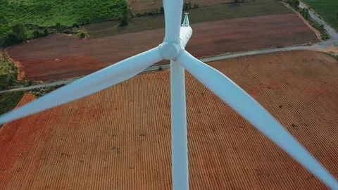 Aerial view of wind turbines on the field. Production of clean energy without po Stock-Footage 108272453