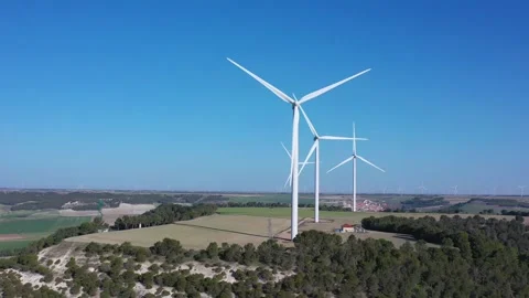 Aerial view of wind turbines generating renewable energy – wind farm landscape 库存影片 330528838