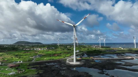 Aerial view of wind turbines generating renewable energy, South Korea Vidéo 346715902