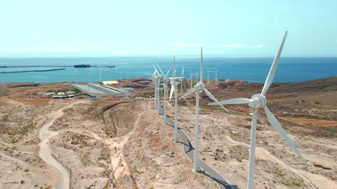 Aerial view of wind turbines at ITER in Tenerife Stock Footage 244201455