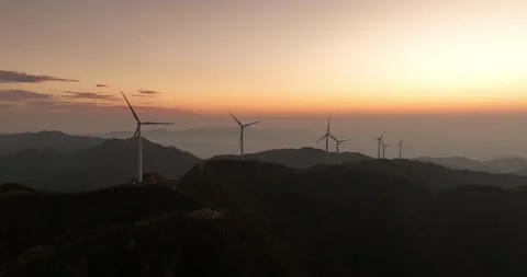 Aerial View of Wind Turbines on Mountain Top Stock Footage 217418492