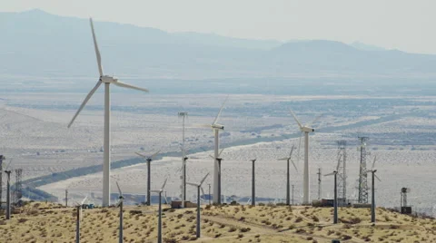 Aerial view of wind turbines at Palm Springs California Stock Footage