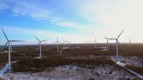 Aerial view of Wind turbines at sunset. Green clean renewable energy production Video stock 101077533