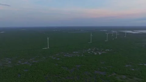 Aerial view of wind turbines at sunset, Mexico. Stock Footage 284847610