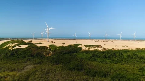 Aerial view of wind turbines on the top of dunes, Brazil. Stock Footage 101562446