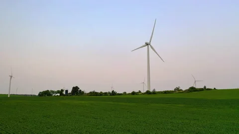 Aerial view of Wind turbines, windmill, farm, agricultural fields Stock Footage 156889294