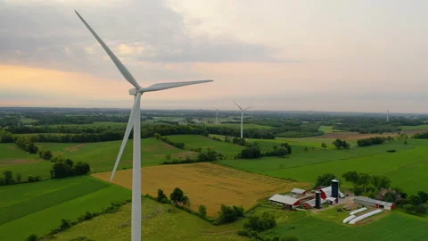 Aerial view of Wind turbines, windmill, farm, agricultural fields Stock Footage 156890920