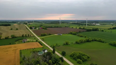 Aerial view of Wind turbines, windmill, farm, agricultural fields Stock Footage 156935455