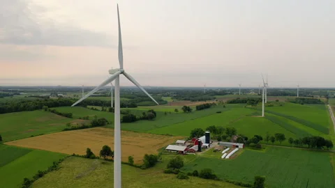 Aerial view of Wind turbines, windmill, farm, agricultural fields Stock Footage 156936098