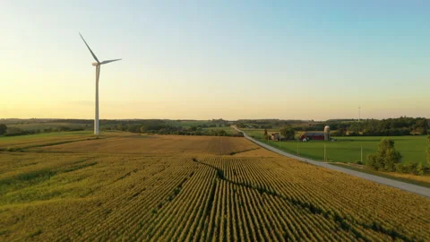 Aerial view of Wind turbines, windmill, farm, agricultural fields Stock Footage 159124890