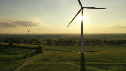 Aerial view of Wind turbines, windmill, farm, agricultural fields Video stock 159552891