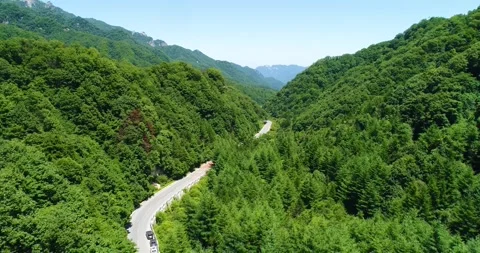 Aerial view of winding mountain road green forest in mountain valley Qinling Video stock 337925637