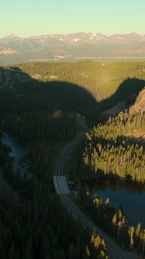 Aerial View of Winding Mountain Road Through Pine Forest in Montana USA. 動画素材 342587150