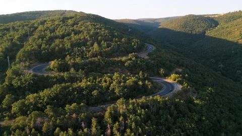 Aerial View of Winding Mountain Road Serpentine with Cars, Varna Burgas Road Stock-Footage 343433112