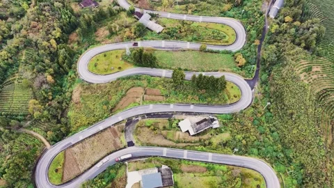 Aerial View of Winding Mountain Road Through Lush Green Landscape China Stock Footage 346333429