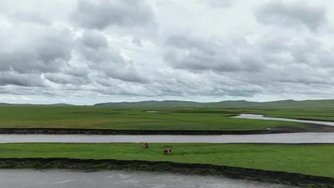 Aerial view of winding river across Chen Barag grassland Stock Footage 340217287