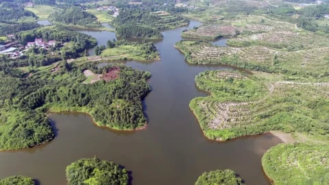Aerial View of Winding River and Lush Green Forested Hills in Rural Countryside Stock Footage 342236227