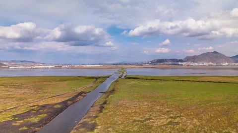 Aerial view of a winding river flowing through a vast green plain under a cloudy Stock Footage 332723977
