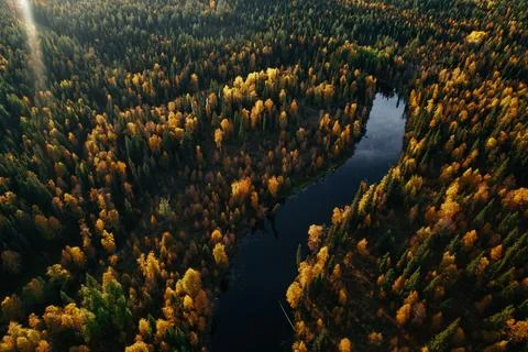 Aerial view of a winding river surrounded by vibrant autumn foliage in the far Stock Photos