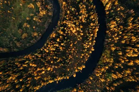Aerial view of winding river surrounded by vibrant autumn foliage in the far Stock Photos