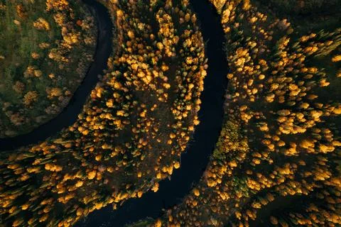 Aerial view of winding river surrounded by vibrant autumn foliage in the far Stock Photos