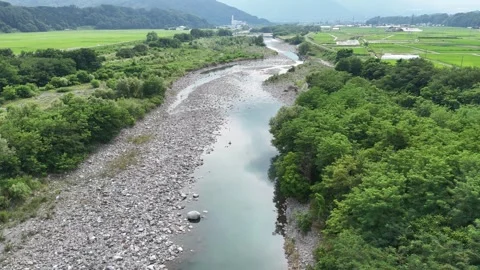 Aerial view of a winding river through lush green fields Stock Footage 340916585