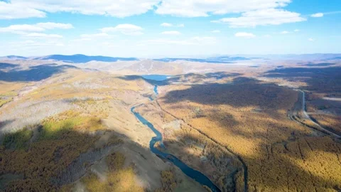 Aerial View of Winding River Through Autumn Forest Landscape in Inner Mongolia 스톡 동영상 347038480