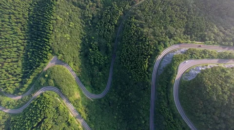 Aerial view of winding road in forest Stock Footage 68516014
