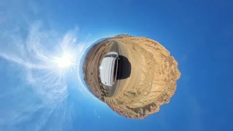 Aerial view of a winding road surrounded by dramatic rock formations Tiny Planet Stock Footage 306040637