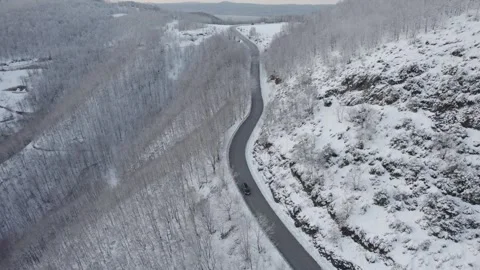 Aerial view of a winding road through a snowy forest. Stock Footage 310028368