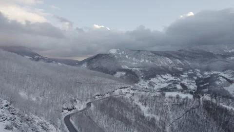 Aerial view of a winding road through a snowy forest. Stock Footage 310028416