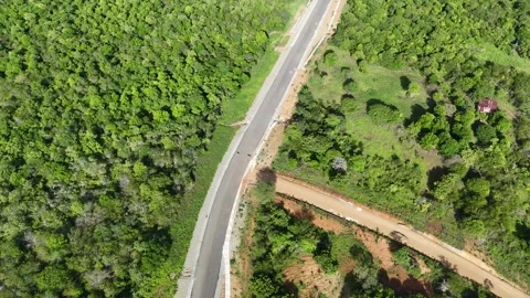 Aerial view of winding road through lush green landscape in rural area Video stock 313516922