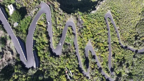 Aerial view of winding road through lush terrain, Spain. Stock Footage 325570722
