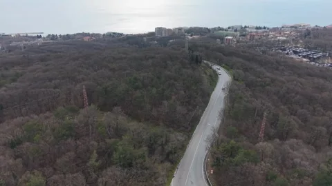 Aerial view of winding road through forest landscape in autumn Stock Footage 332773621