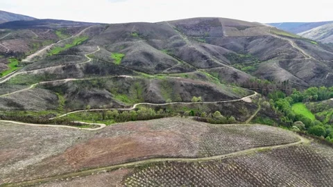 Aerial view of winding roads through rolling hills in Spain. Stock Footage 334824642