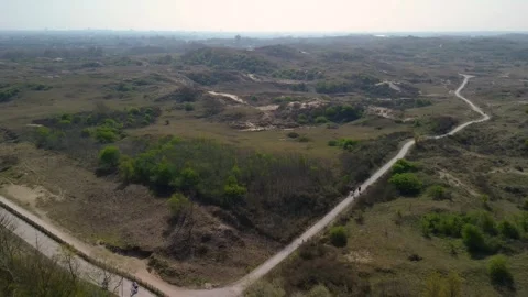 An aerial view of winding trails through green hills and sand dunes 動画素材 310938124