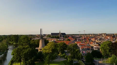 Aerial View on Windmill in Downtown Area of Alkmaar Netherlands Video stock 280298682