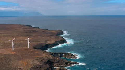 Aerial view of windmill farm at the Atlantic ocean shore on Tenerife Stock Footage 102482161
