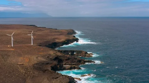 Aerial view of windmill farm at the Atlantic ocean shore on Tenerife Stock Footage 102482202