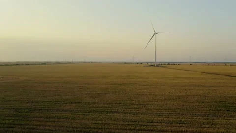 Aerial view of a windmill in rural fields on a beautiful summer evening. Stock Footage 158256483