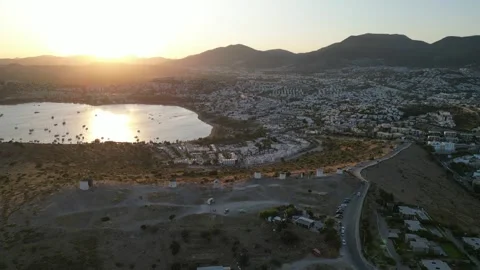 Aerial view of windmills and Bodrum bay, Bodrum, Mugla, Turkey. Stock Footage 319290369