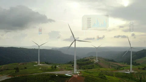 Aerial view of windmills with digitally generated holographic data display Stock Footage 202222043
